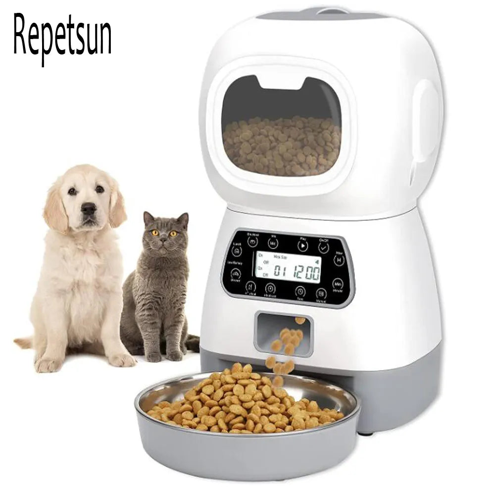 3.5L Automatic Pet Feeder Smart Food Dispenser For Cats Dogs Timer StaSPECIFICATIONSBrand Name: repetsunItem Type: Food StorageOrigin: Mainland ChinaType: DogsMaterial: PlasticVolume: 3.5LApplicable Dog Breed: UniversalNotice: This proShopDoggieworksShopDoggieworksCats Dogs Timer Stainless Steel Bowl Auto Dog Cat Pet Feeding Pet Supplies