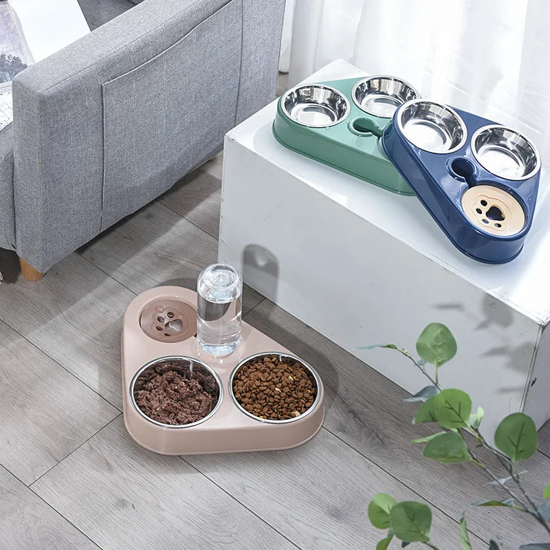 3In1 Pet Dog Cat Food Bowl with Bottle Automatic Drinking Feeder Fountain Portable Durable Stainless Steel 3 Bowls Pet Supplies