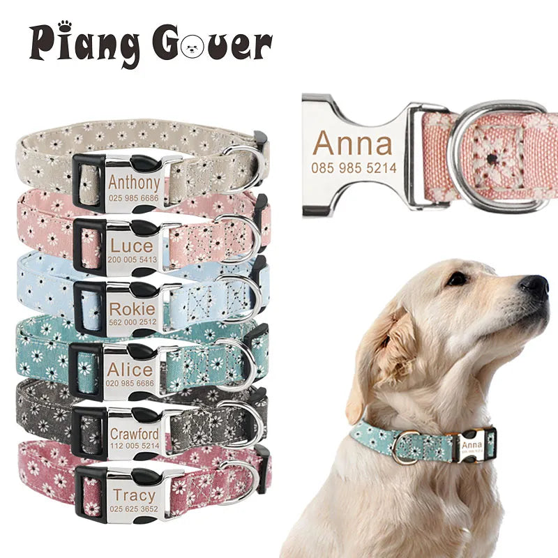 Customized Pet Collar Flower Dog Collar Engraved Tag ID Name Puppy Collars for Small Medium Large Dogs Pug