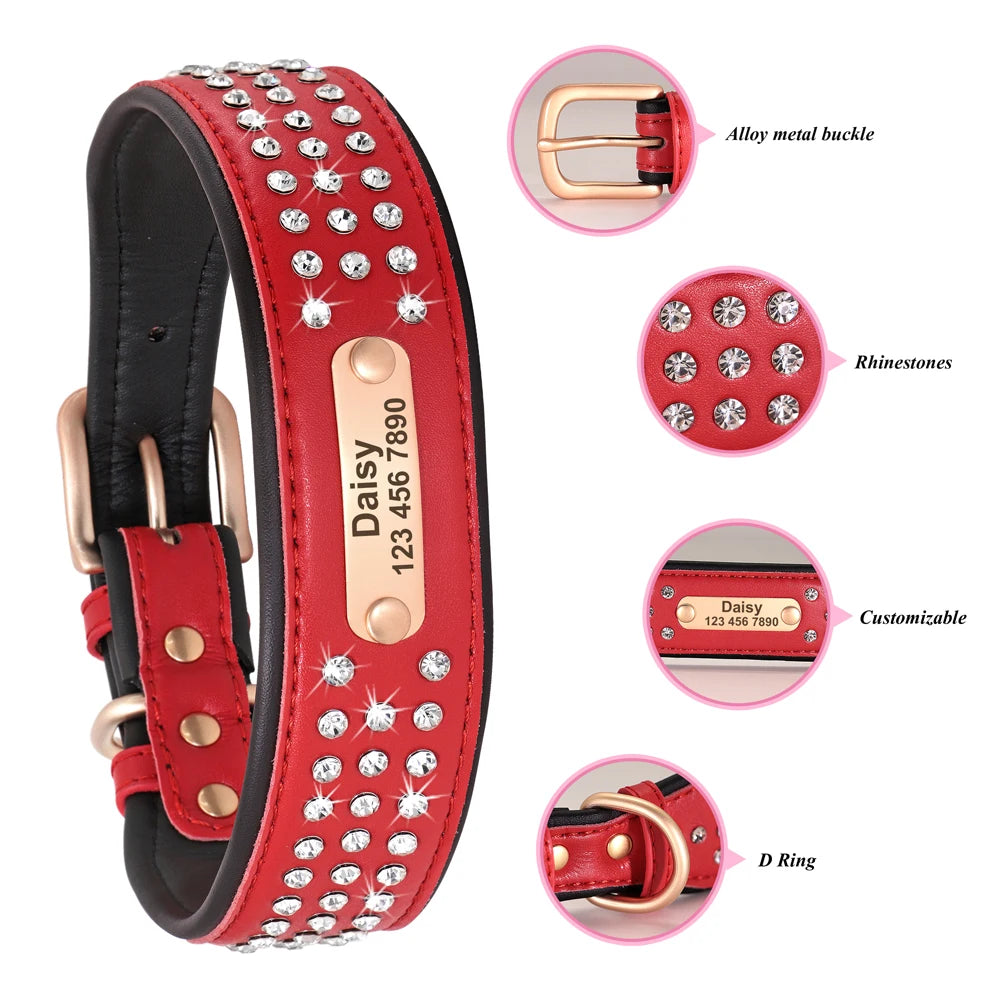 Custom Leather Dog Collar Bling Rhinestone Big Dog Collars Soft Padded Pet Necklace With Engraved ID Tag For Medium Large Dogs