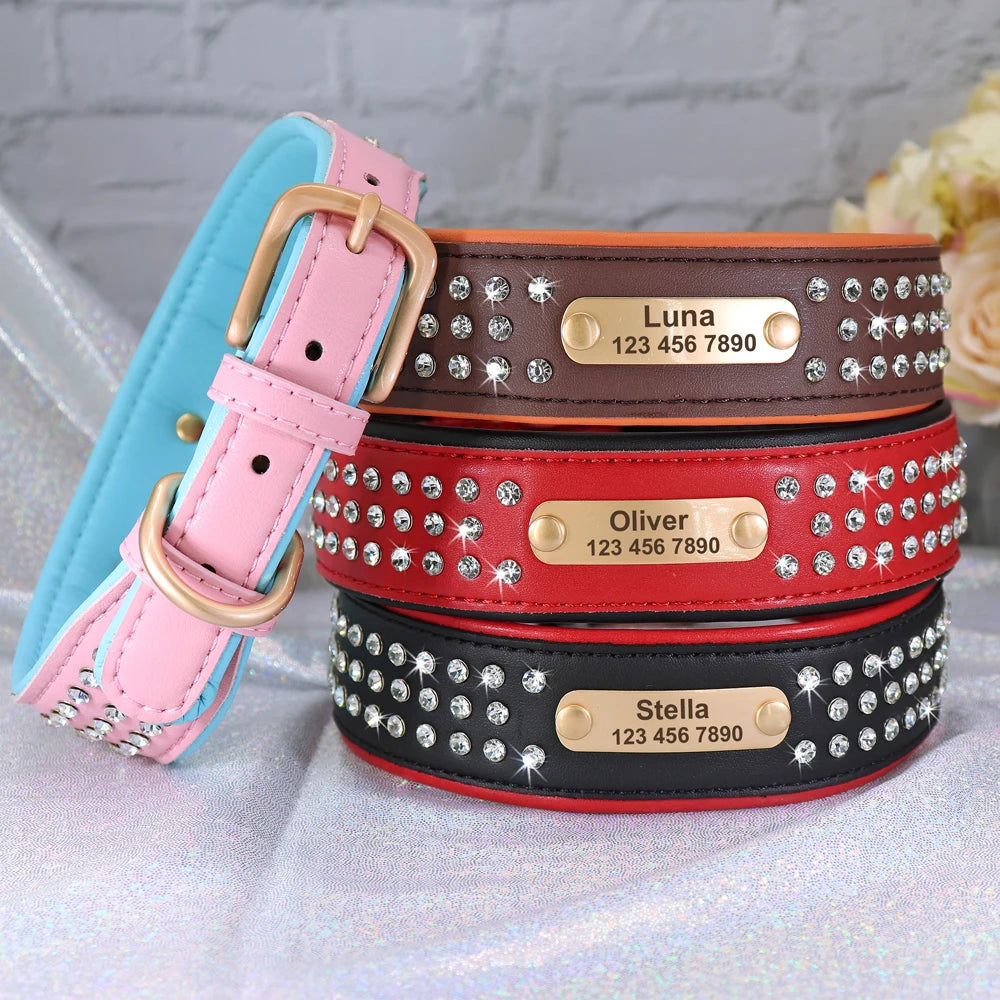 Custom Leather Dog Collar Bling Rhinestone Big Dog Collars Soft Padded Pet Necklace With Engraved ID Tag For Medium Large Dogs