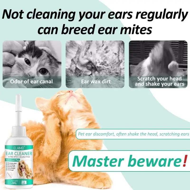 Cat Ear Cleaner Pet Ear Wash 60ml Gentle Pet Ear Rinse Cat Ear Wash Clean and Remove Dirt for Dogs Cats Soften Clear Earwax