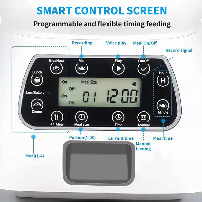 3.5L Automatic Pet Feeder Smart Food Dispenser For Dog Cat Bowl Timer SPECIFICATIONSBrand Name: NoEnName_NullOrigin: Mainland ChinaIs Smart Device: YESMaterial: Stainless SteelMin Output: 50gType: DogsMax Output: 100gLCD Display: NoVolShopDoggieworksShopDoggieworksDog Cat Bowl Timer Robot Pet Feeding Water Dispenser Auto Sensor Cat Fountain