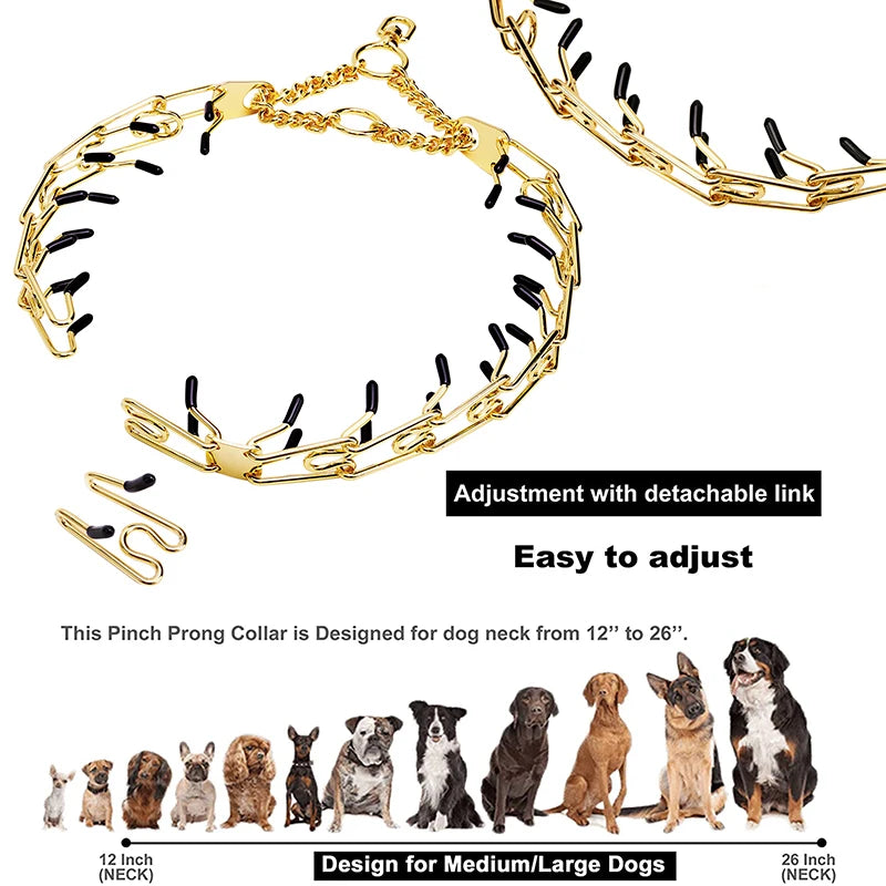 Effective Pinch Dog Training Collar with Comfort Rubber Tips Safe Adjustable Gold Dog Choke Collar For Pet Prong Collar