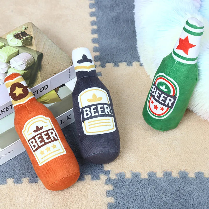 Funny Plush Toys for Dog Squeaky Beer Bottle Food Shape Dog Toy Bite-Resistant Winebottle Chew Toy Pet Supplies Interactive Toys