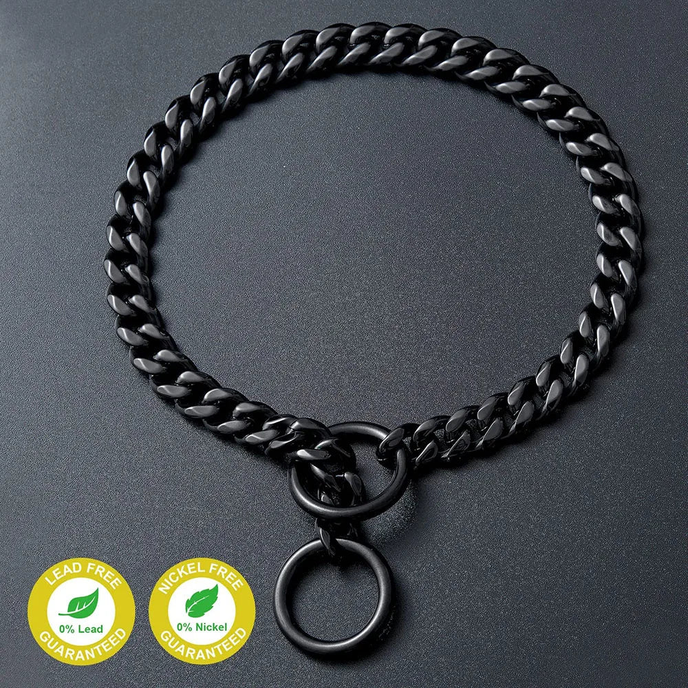 Dog Collar 10mm Thick Cuban Link Chain Dog Collar 18K Gold Black Chain Dog Collar with 316L Stainless Steel Don't Pinch Dog Hair