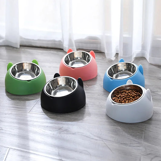 Cat Dog Bowl 15 Degrees Raised Stainless Steel Non Slip Puppy Base Cat Food Drinking Water Feeder Tilt Safeguard Neck Pet Bowl