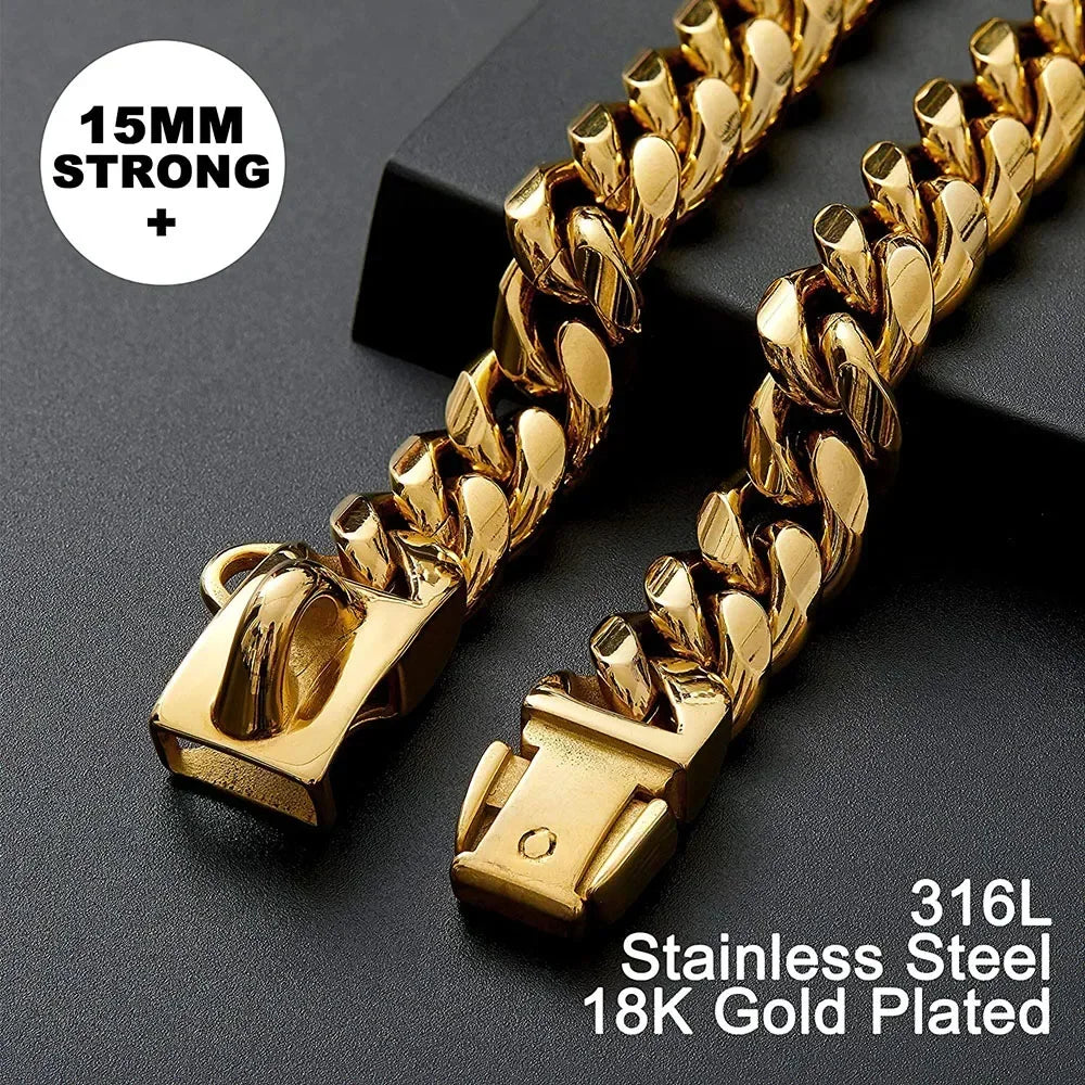 Strong Stainless Steel Gold Large Dog Collar with Safety Buckle 14MM Cuban Link Chain Training Necklace Walk Doberman Titanium