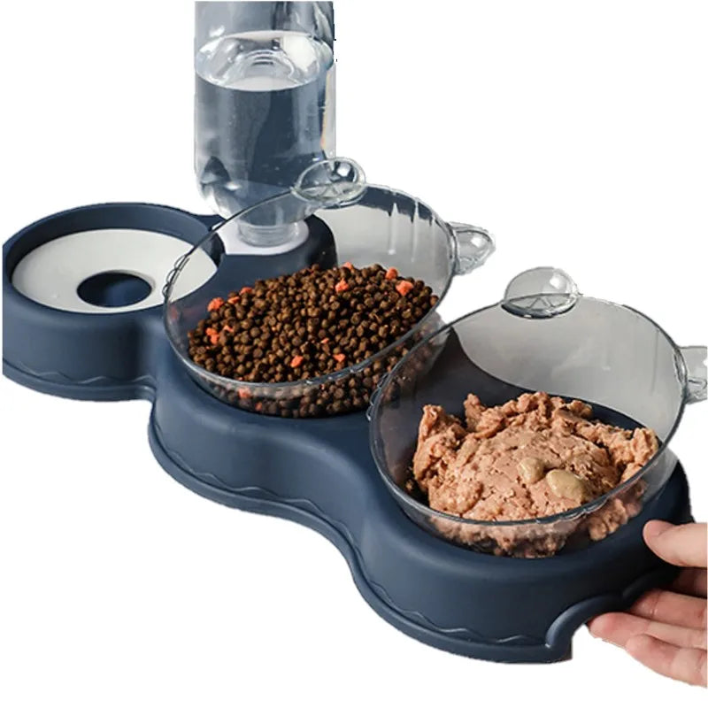 Pet Cat Bowl Automatic Feeder 3-in-1 Cat Dog Food Bowl with Water Fountain Double Bowl Drinking Raised Stand Dish Dog Bowls