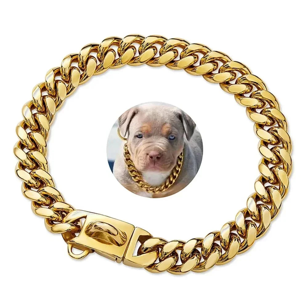 Strong Stainless Steel Gold Large Dog Collar with Safety Buckle 14MM Cuban Link Chain Training Necklace Walk Doberman Titanium