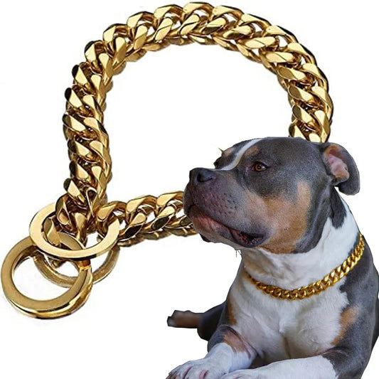 Gold Chain Dog Collar 15mm Wide Heavy Duty Metal Cuban Link Dog Slip Chain Collar Dog Necklace Fashion Pet Jewelry Accessories