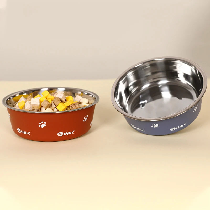 Pet Cat Feeding Bowl Stainless Steel Plastic Non-slip Single Bowl Food Drinking Tray Feeder Drop-resistant Durable Pet Dog Bowl