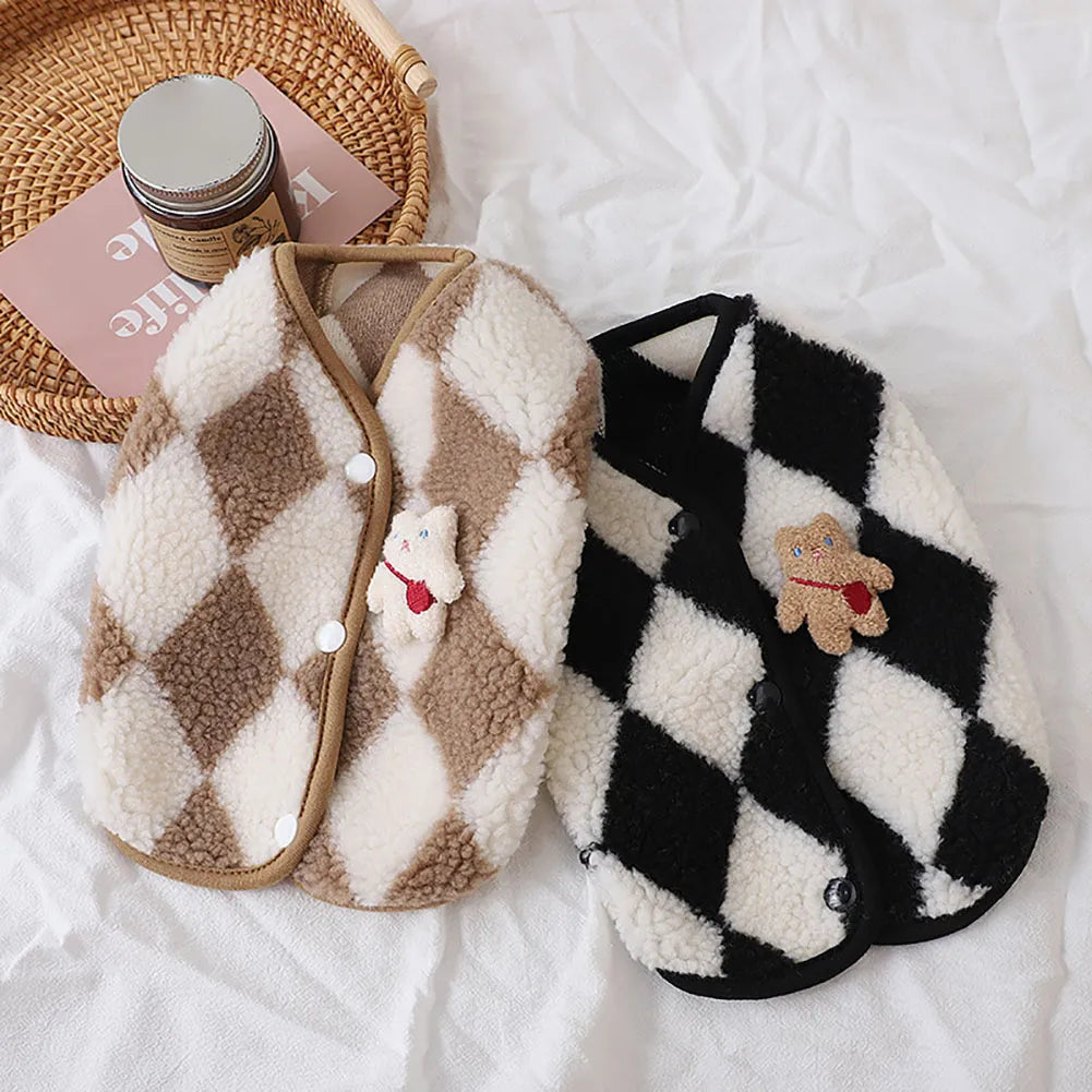 Fashion Plaid Fleece Pet Puppy Clothes Coat Jack Dog Clothes Bear Vest Dogs Clothing Pet Outfits Cute Winter Yorkies Costume