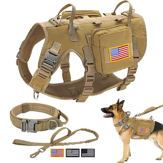 Tactical Dog Collar Harness Leash Nylon Military Pet Training Harness Vest With Bag For Medium Large Dogs Molle Harness Pouches