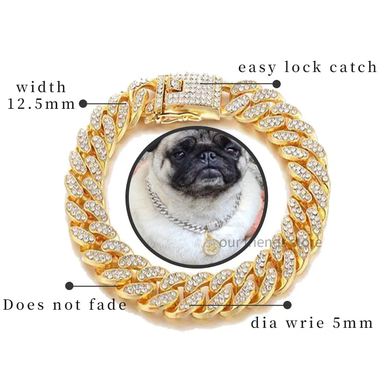 Luxury Designer Dog Collar Bracelet Bling Diamond Dog Necklace Cuban Gold Chain for Pitbull Big Dogs Jewelry Metal Material