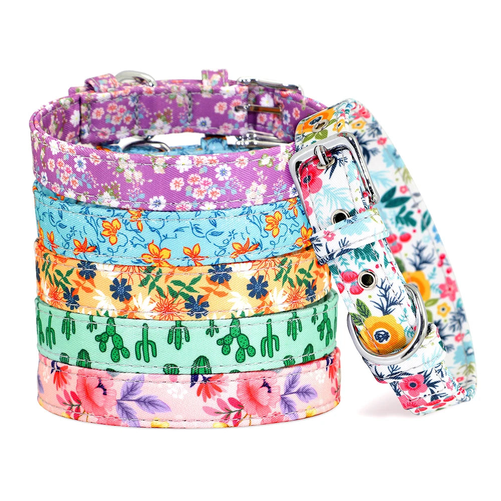 Nylon Flower Dog Collar Floral Printed Dog Cat Collars Adjustable Puppy Collar for Small Medium Large Dog Chihuahua Bulldog Pug