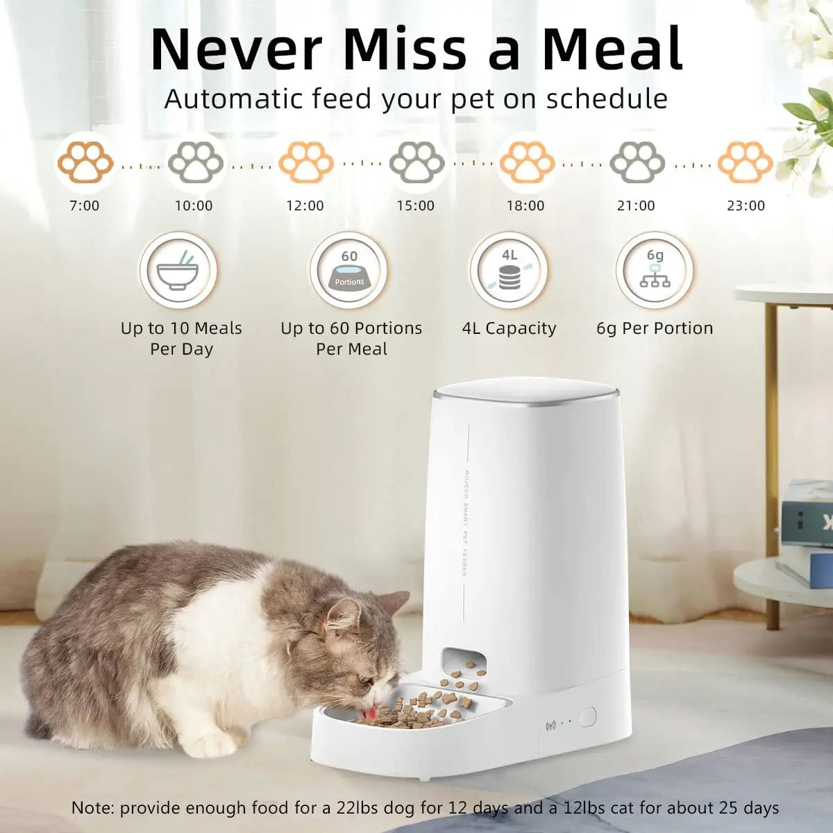 ROJECO Automatic Cat Feeder Pet Smart WiFi Cat Food Kibble Dispenser RSPECIFICATIONSBrand Name: ROJECOWith Water Dispenser: NoPower Source: CHARGEMin Output: 50gMax Output: 1000gTime Setting: YesMaterial: PlasticOrigin: Mainland ChinaPShopDoggieworksShopDoggieworksROJECO Automatic Cat Feeder Pet Smart WiFi Cat Food Kibble Dispenser Remote Control Auto Feeder