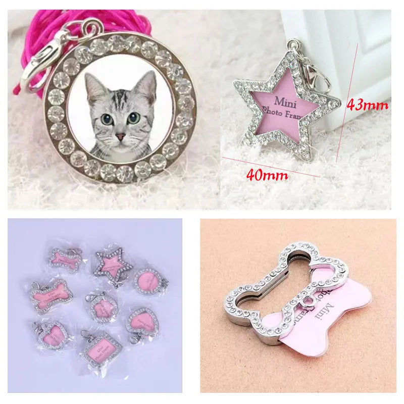 Dog ID Tag Pet Cat Collar Pendant Crystal Photo Frame Bone Heart Dog Tag Handwriting Name Phone Number Address Anti-lost Fashion