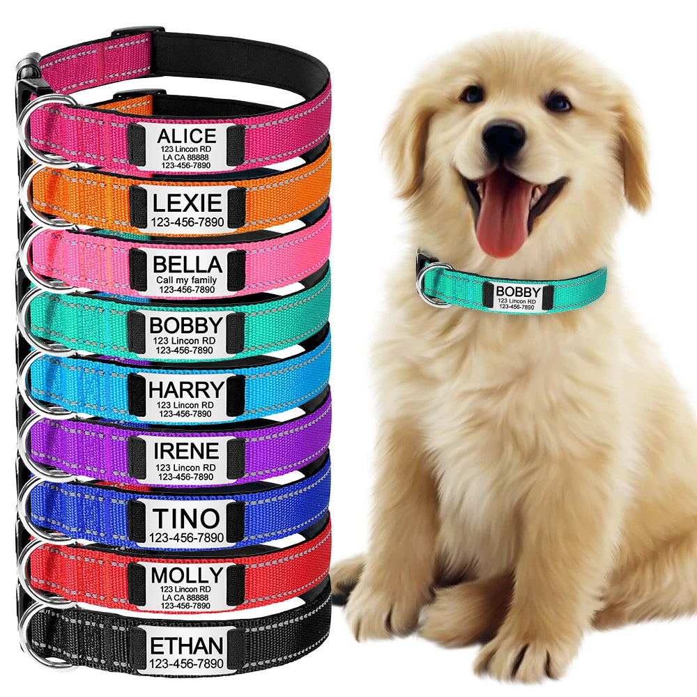 Adjustable Reflective Nylon Dog Collars Custom Engraved Name ID Tag Personalized Luminous Puppy Gleamy Large Unisex Dog Collar