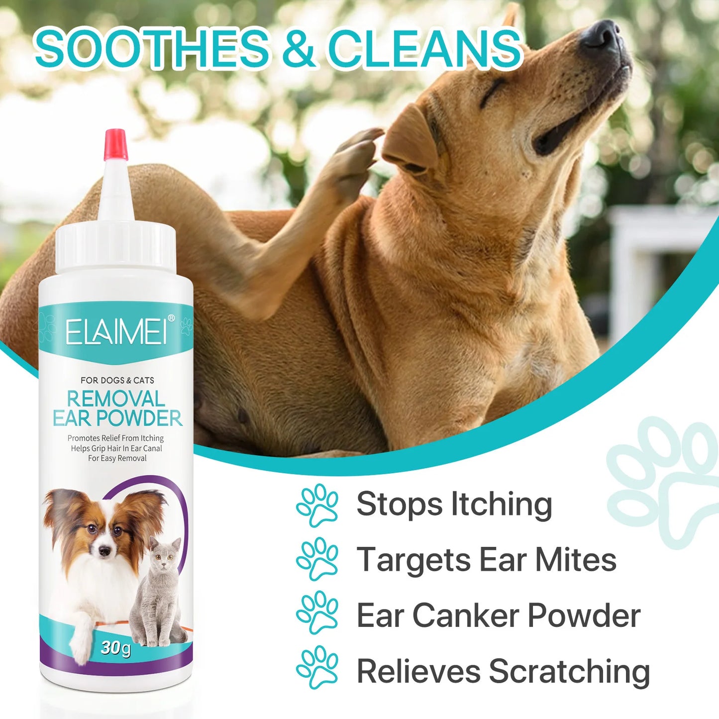 30g Removal Ear Powed Targets Ear Mites Canker, Relieves Ltching Scratching for Dogs and Cats