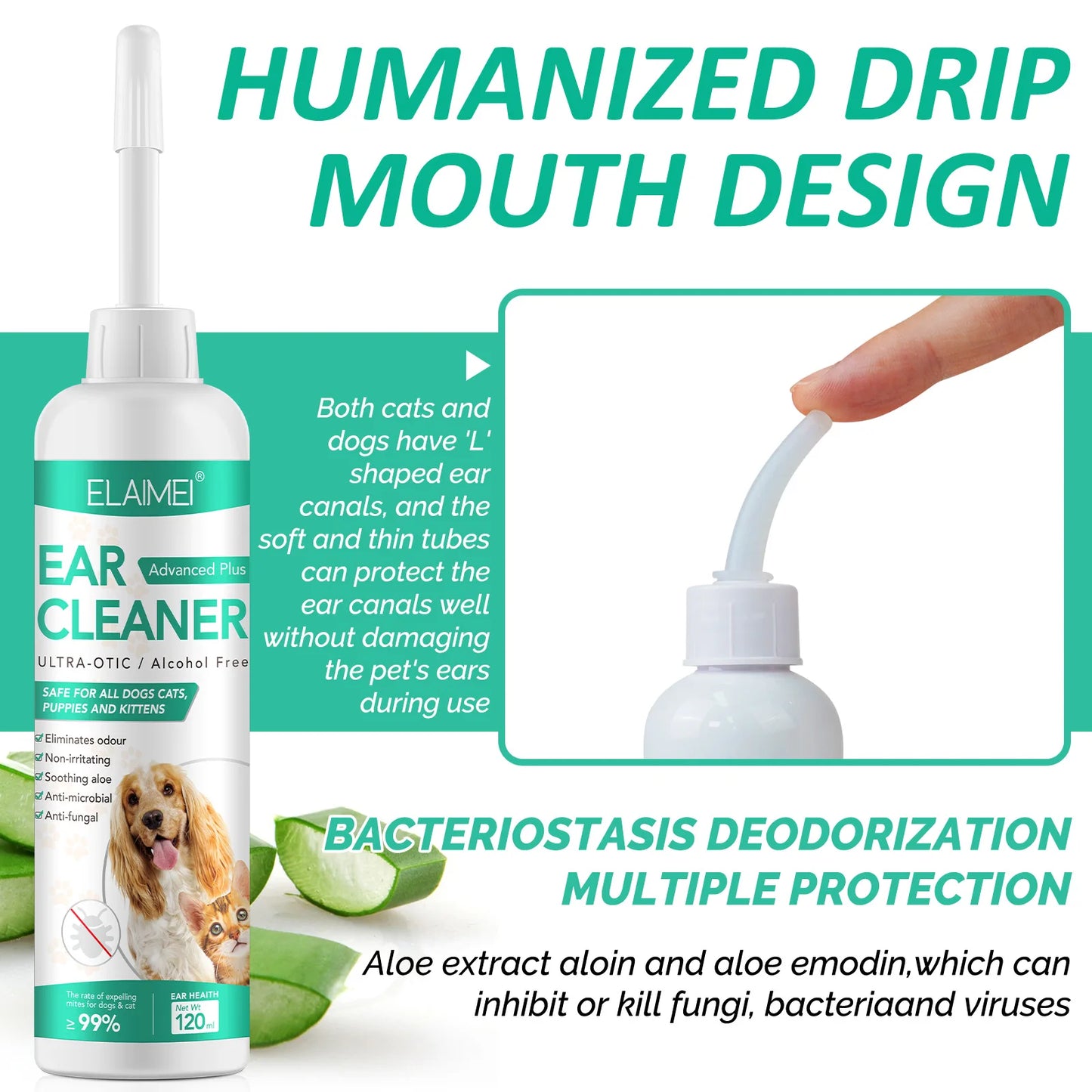 120ml EAR CLEANER Eliminates Odour Non-irritating Soothing Aloe Anti-microbial Dogs&Cats Health Hygiene Supplies