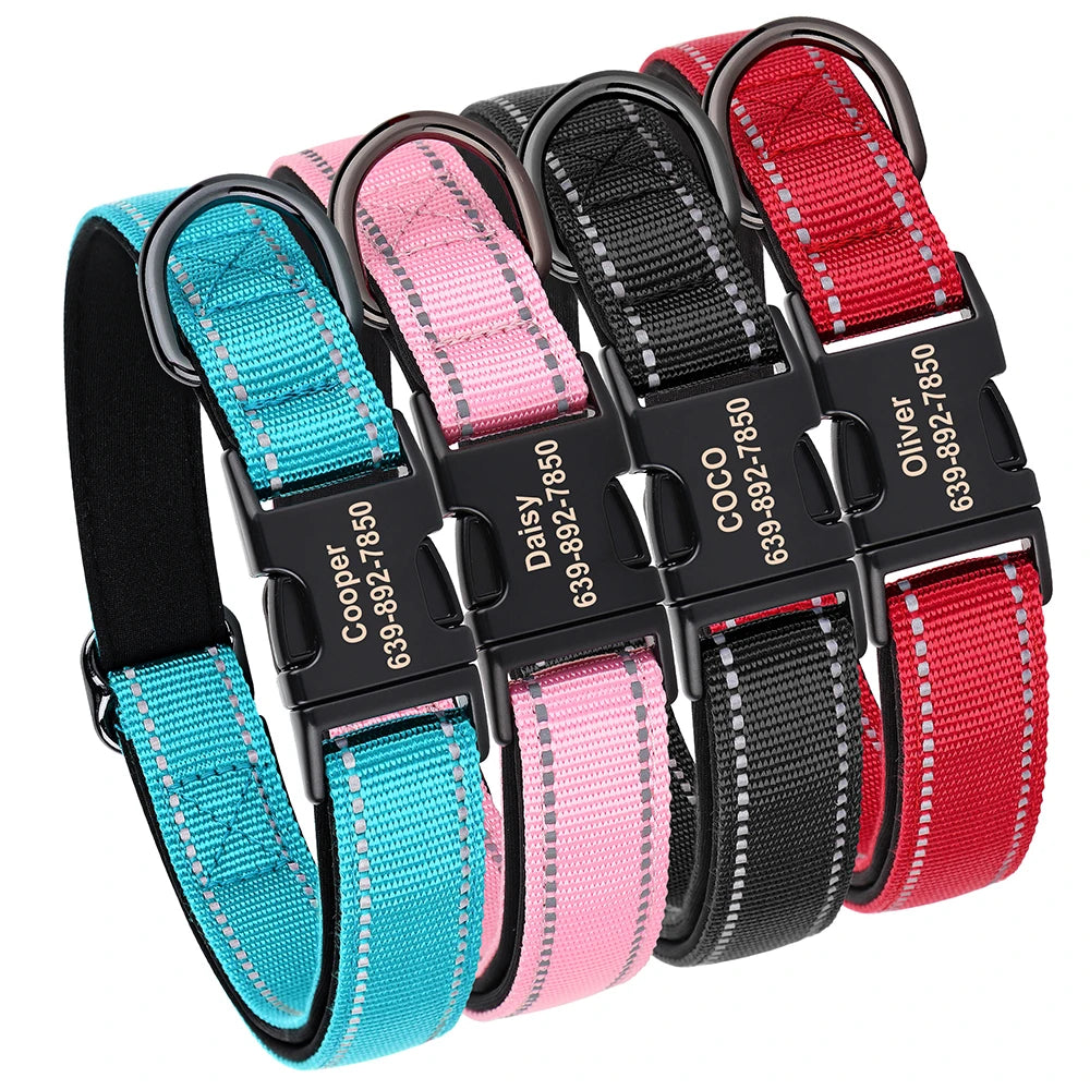 Reflective Personalized Dog Collar Engrave ID Nylon Collars Soft Padded Dogs Collar Adjustable for Small Medium Large Dogs Pug