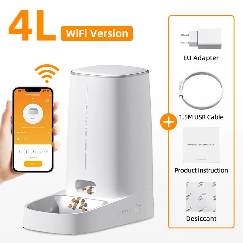 ROJECO Automatic Cat Feeder Pet Smart WiFi Cat Food Kibble Dispenser RSPECIFICATIONSBrand Name: ROJECOWith Water Dispenser: NoPower Source: CHARGEMin Output: 50gMax Output: 1000gTime Setting: YesMaterial: PlasticOrigin: Mainland ChinaPShopDoggieworksShopDoggieworksROJECO Automatic Cat Feeder Pet Smart WiFi Cat Food Kibble Dispenser Remote Control Auto Feeder