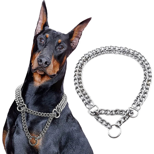 Pet Dog Stainless Steel Chain Martingale Dog Collar Heavy & Duty 2 Row Metal Link No Pull Training Collar for Large Medium Dogs