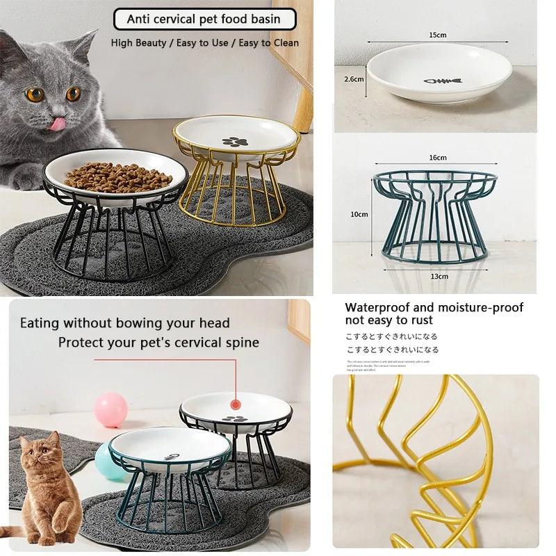 Cat Lift Bowl with Metal Stand Pet Ceramic Food Snacks Feeding Elevated Feeder Kitten Puppy Dish Dog Supplies Accessories Doggie