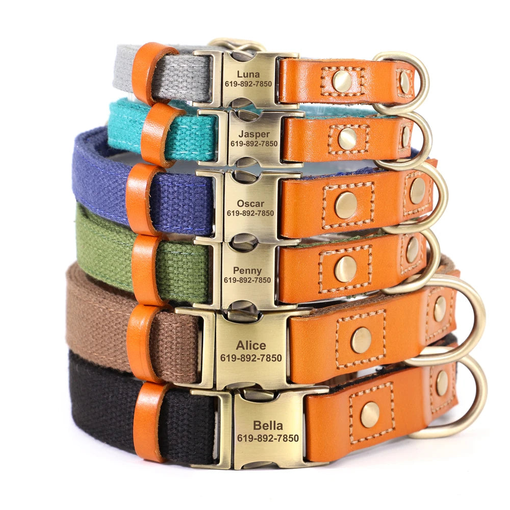 Personalized Nylon Dog Collar Durable Real Leather Customized ID Collars Free Engraved Adjustable for Small Medium Large Dogs