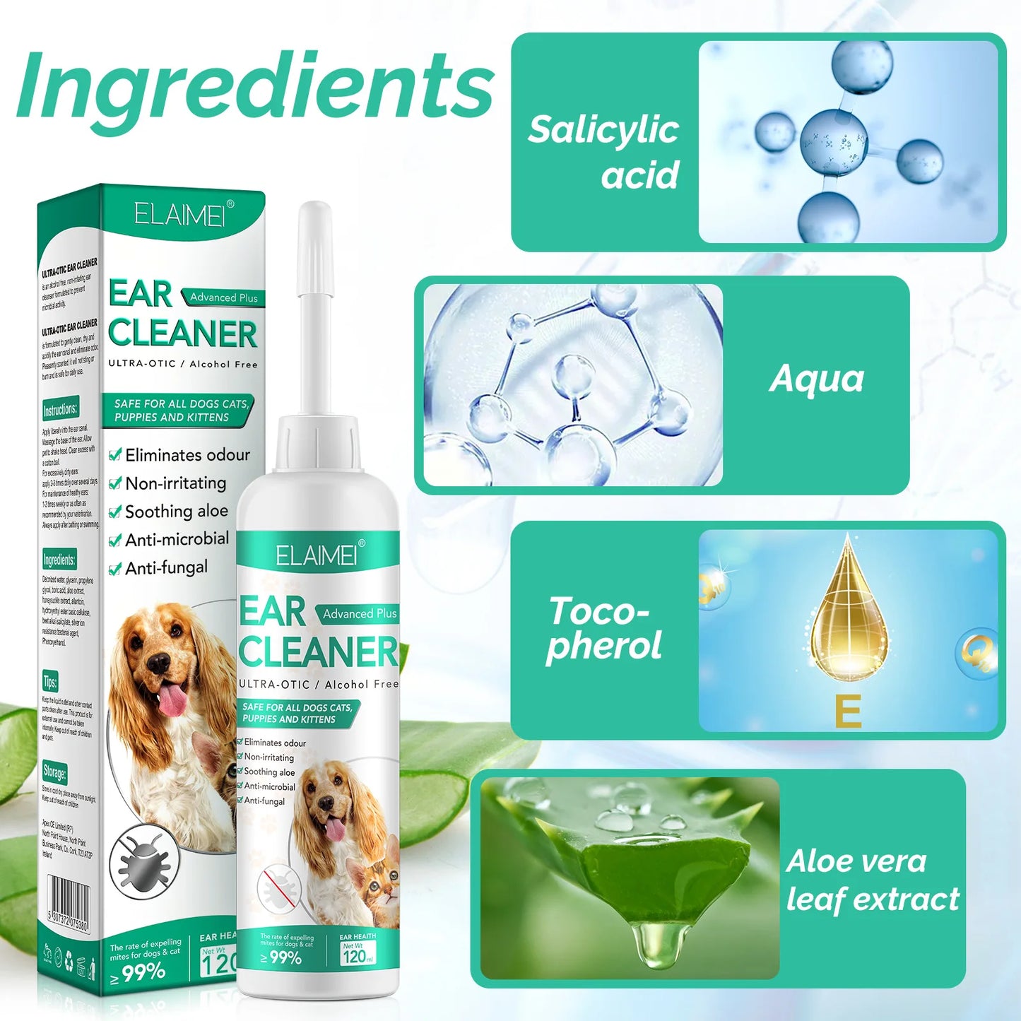 120ml EAR CLEANER Eliminates Odour Non-irritating Soothing Aloe Anti-microbial Dogs&Cats Health Hygiene Supplies