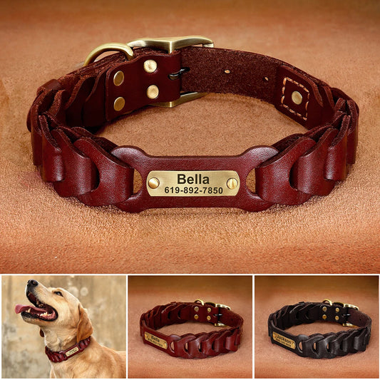 Genuine Leather Dog Collar Custom Leather Medium Large Dog Collars Personalized Pet ID Collars for Dogs Pitbull Engrave Name