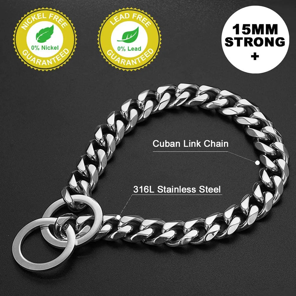 Dog Chain Collar Silvery Golden 15MM Width Cuban Link Chain for Dogs Strong Smooth Stainless Steel Metal Pet Training Slip Chain