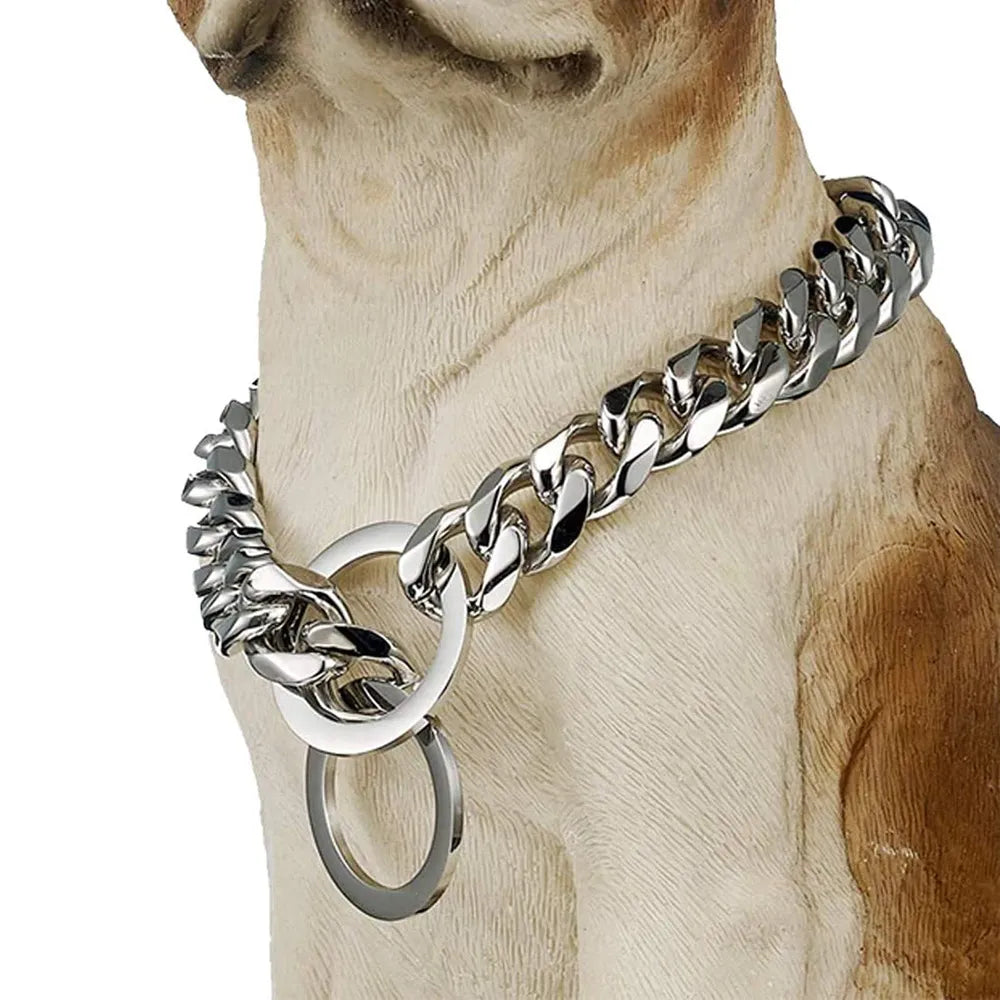 Dog Chain Collar Silvery Golden 15MM Width Cuban Link Chain for Dogs Strong Smooth Stainless Steel Metal Pet Training Slip Chain