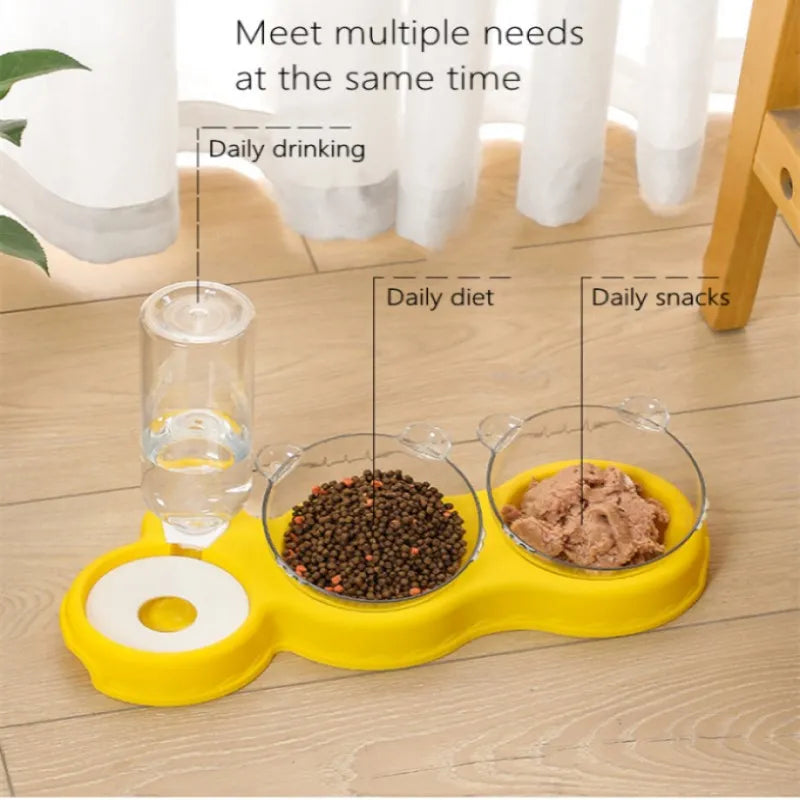 Pet Cat Bowl Automatic Feeder 3-in-1 Cat Dog Food Bowl with Water Fountain Double Bowl Drinking Raised Stand Dish Dog Bowls