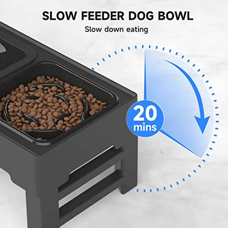 Elevated Dog Bowl, Adjustable Raised Dog Bowl with Slow Feeder Dog Bowl and Dog Water Bowl Non-Spill for Small Medium Large Dogs