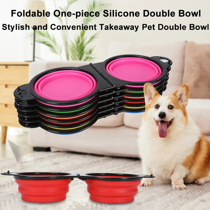 Foldable Portable Dog Double Bowl 2 In 1 pet feeder drinking dog bowls for dog outdoor travel cat dog feeding bowl Slow Food