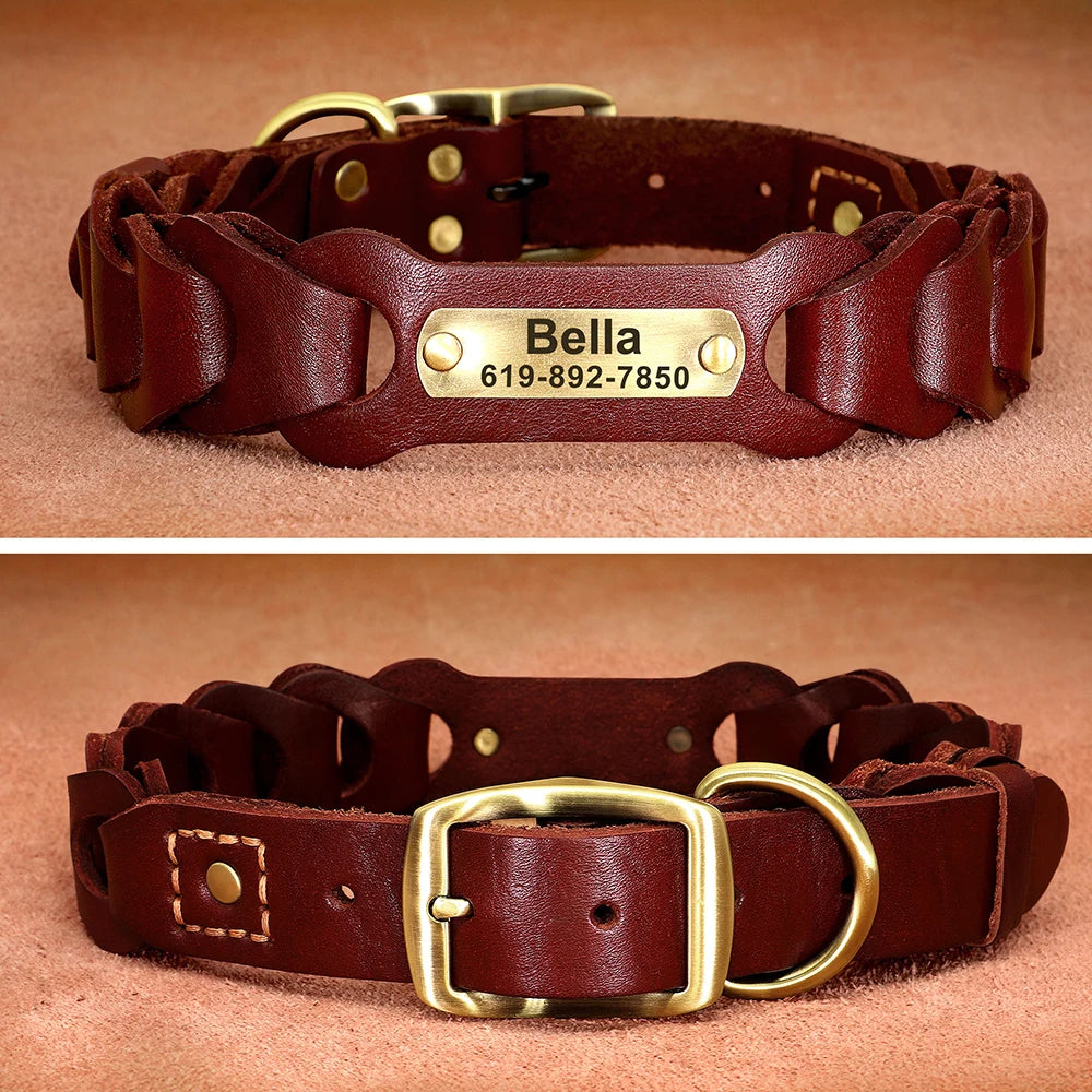 Genuine Leather Dog Collar Custom Leather Medium Large Dog Collars Personalized Pet ID Collars for Dogs Pitbull Engrave Name