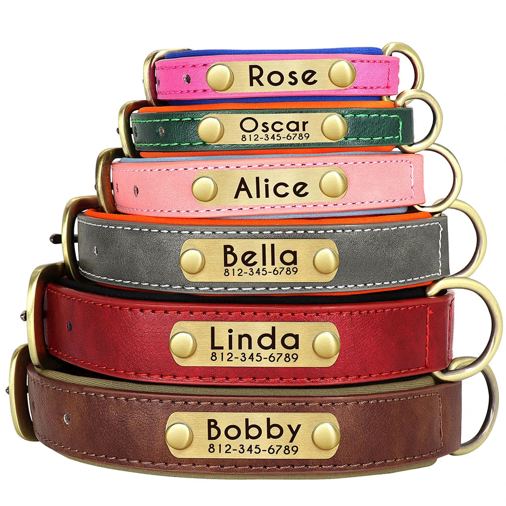 Personalized Leather Padded Dog Collar Customized ID Nameplate Pet Collars For Small Medium Dogs Durable Necklaces Accessories