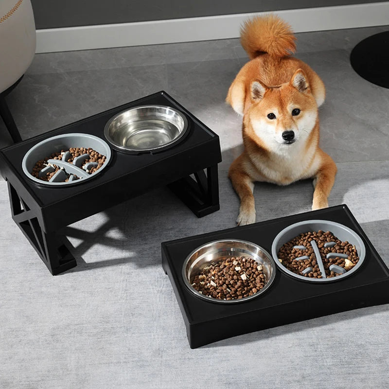 Dog Double Bowls Stand Adjustable Height Pet Feeding Bowl With Slow Food Bowl Elevated Food Water Feeders Lift Table for Dog Cat