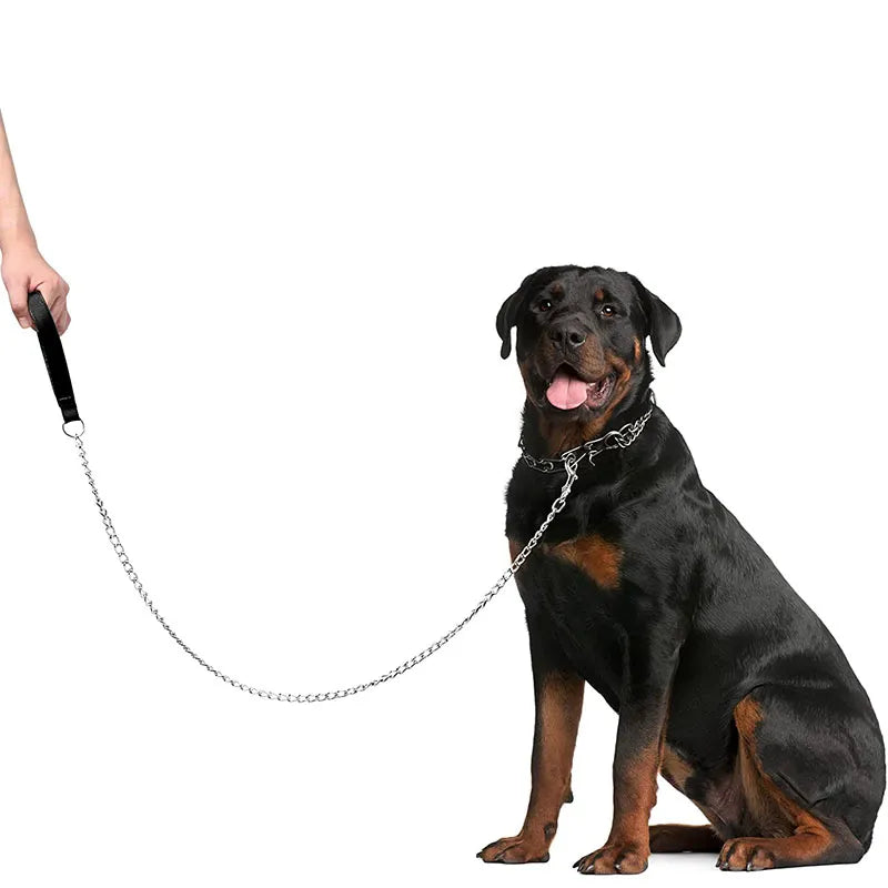 120cm Heavy Duty Anti-bite Dog Giant Chain Leash with Leather Handle Chain Dog Leash Durable Metal Chew Proof Dog Training Leash