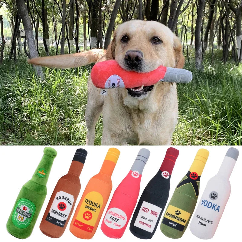 Funny Plush Toys for Dog Squeaky Beer Bottle Food Shape Dog Toy Bite-Resistant Winebottle Chew Toy Pet Supplies Interactive Toys