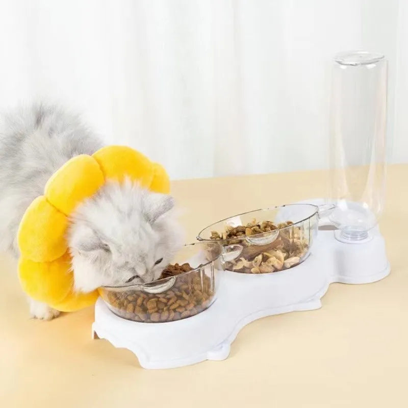 Pet Cat Bowl Automatic Feeder 3-in-1 Cat Dog Food Bowl with Water Fountain Double Bowl Drinking Raised Stand Dish Dog Bowls