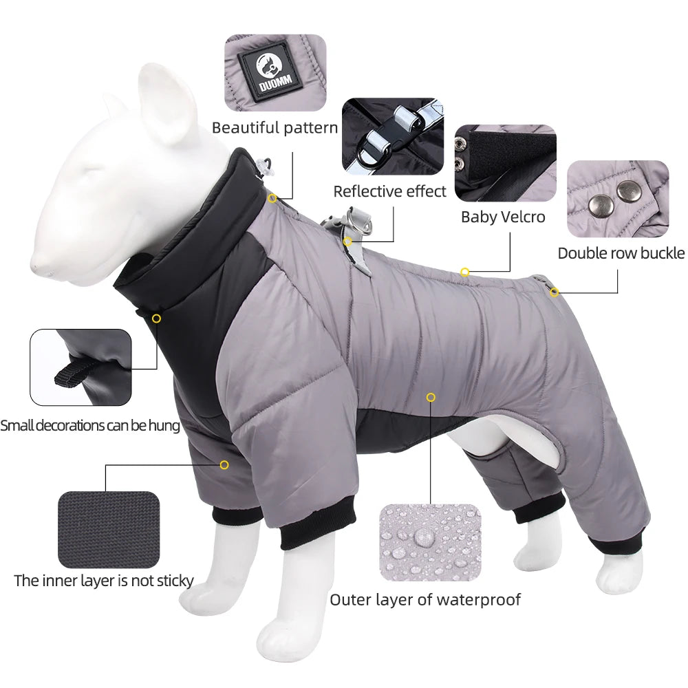 Winter Warm Dog Jacket Reflective Four Legged Clothes Outdoor Waterproof Windproof Traction Harness Jumpsuit French Bulldog Coat