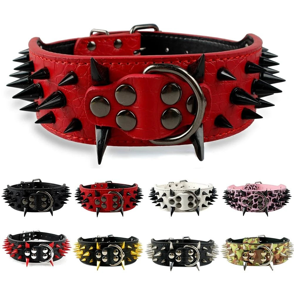 2" Wide Sharp Spiked Studded Leather Dog Collars Pitbull Bulldog Big Dog Collar Adjustable for Medium Large Dogs Boxer S M L XL