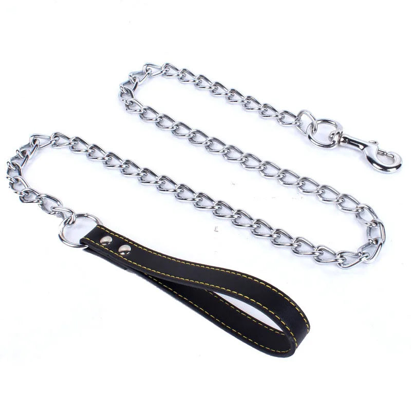 120cm Heavy Duty Anti-bite Dog Giant Chain Leash with Leather Handle Chain Dog Leash Durable Metal Chew Proof Dog Training Leash