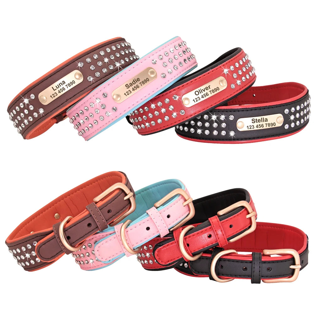 Custom Leather Dog Collar Bling Rhinestone Big Dog Collars Soft Padded Pet Necklace With Engraved ID Tag For Medium Large Dogs