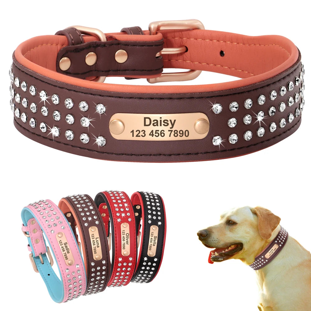 Custom Leather Dog Collar Bling Rhinestone Big Dog Collars Soft Padded Pet Necklace With Engraved ID Tag For Medium Large Dogs