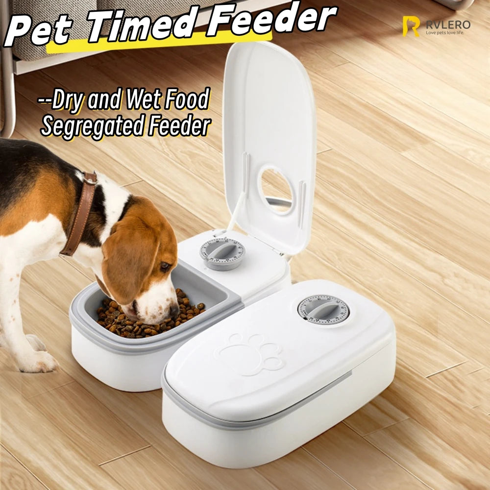 Pet Automatic Feeder Timed Quantification Separate Bowls for Dry Wet Feeding Easy to Clean Short-distance Travel Home Use