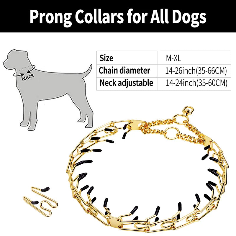 Effective Pinch Dog Training Collar with Comfort Rubber Tips Safe Adjustable Gold Dog Choke Collar For Pet Prong Collar